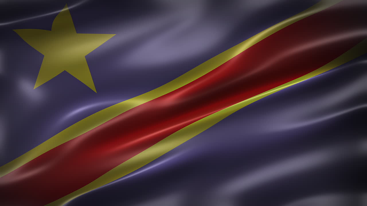 la bandera nacional de la república democrática del congo, vista frontal, cuadro completo, brillante, elegante, textura sedosa elegante, revoloteando, animación realista de 4k cg, sensación y aspecto cinematográfico, con capacidad de bucle sin costuras