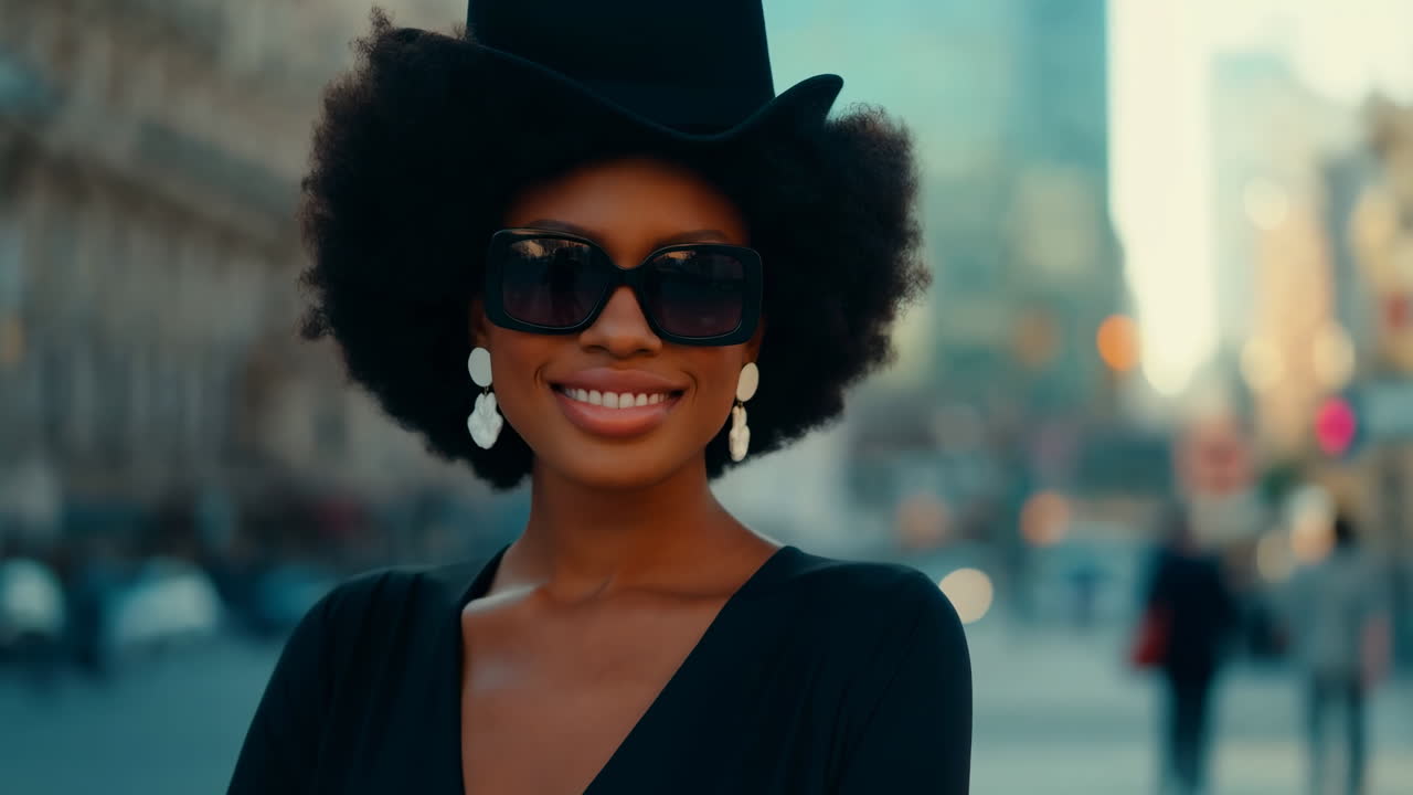 Giovane donna afroamericana che sorride con cappello e occhiali da sole per strada in città