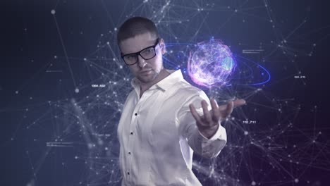 a male scientist in a white shirt holds an abstract ball in his hands against a background of plexus