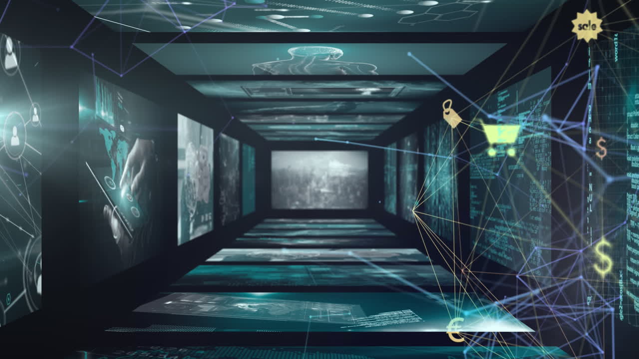 검은 바탕 위의 연결 네트워크와 데이터 처리의 애니메이션