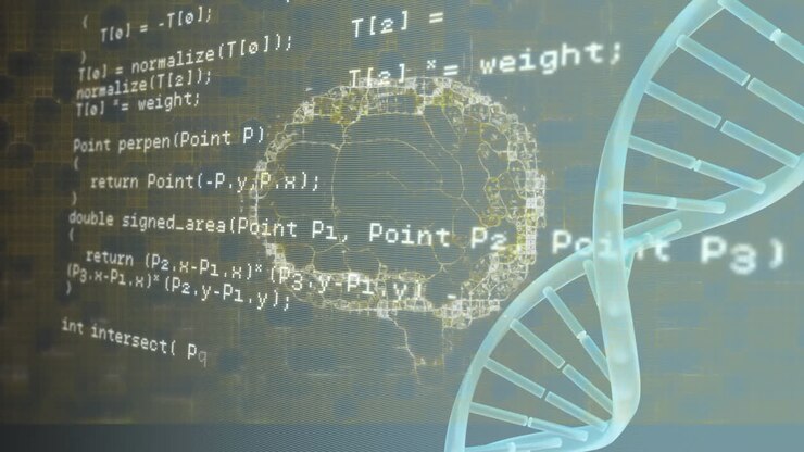 Animation of dna strand and human brain over data processing
