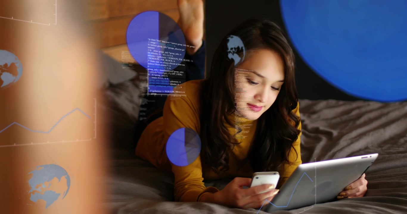 Woman lying on bed tapping phone and tablet, comparing data with tech charts growing over scene