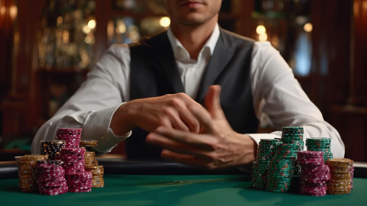 Um jogador focado em um ambiente de cassino luxuoso, gerenciando estrategicamente fichas de pôquer enquanto antecipa o próximo movimento em um jogo de apostas altas.