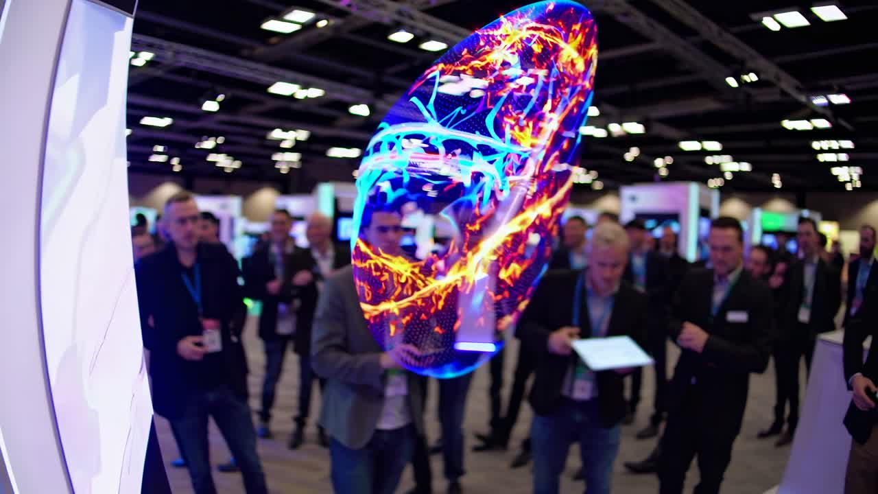 Wide-angle shot of a tech expo with futuristic displays and attendees