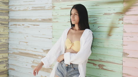 Portrait-of-smiling-hispanic-woman-in-front-of-weathered-wooden-wall-in-sun,-copy-space,-slow-motion