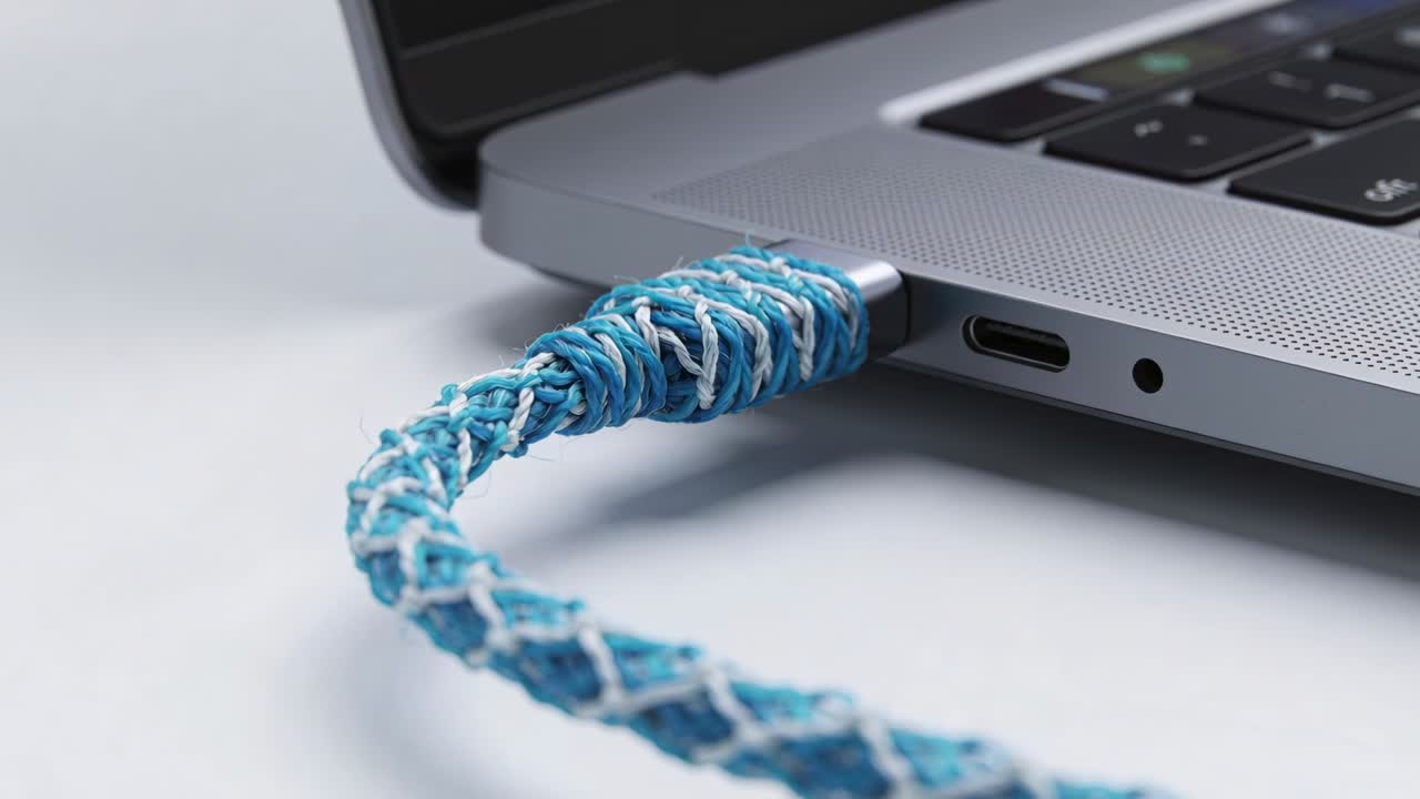 Flexing braided blue-white cable moving ahead on pale tabletop revealing USB-C plug in laptop port
