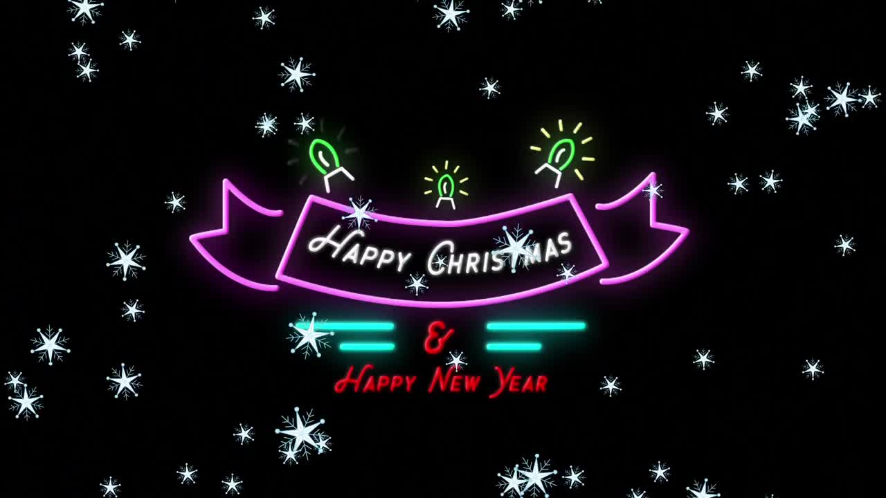 animación digital de múltiples estrellas brillantes que caen sobre feliz navidad y feliz año nuevo neón tex
