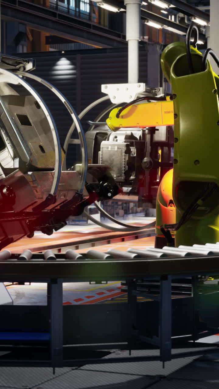 primer plano de un brazo robótico trabajando en una línea de ensamblaje en una fábrica