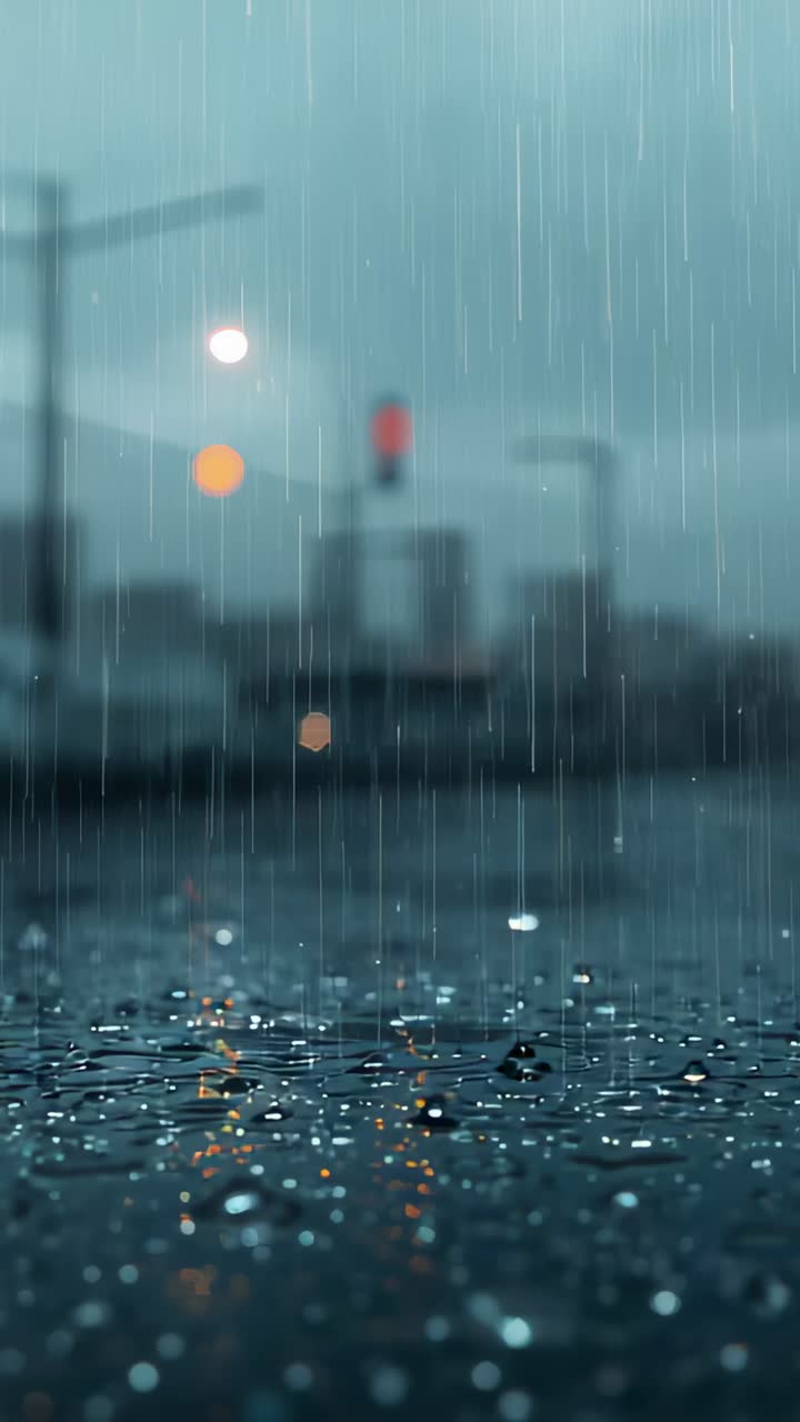 Vertical video: Falling raindrops from steady rain striking puddle at road crossing, with red light