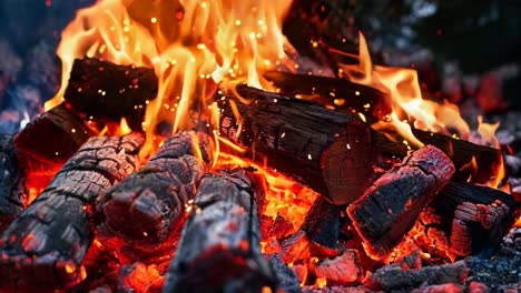 a close up of a fire with a lot of wood in it