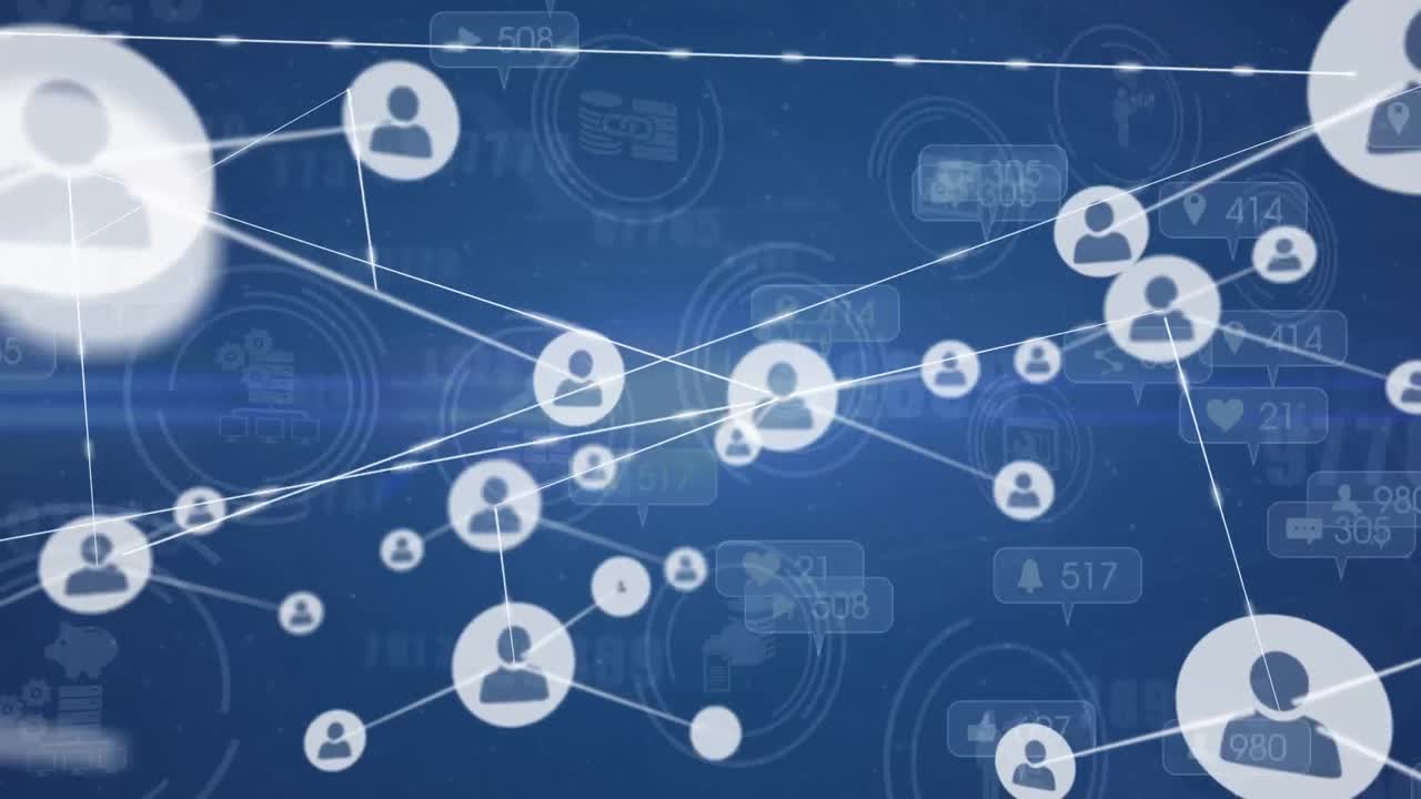 animación de iconos conectados sobre números e iconos en cajas de mensajes e iconos de computadora