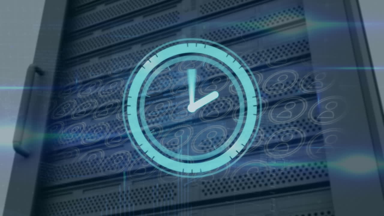 Animation of data processing and moving clock over server