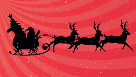 animation of black silhouette of santa claus and christmas tree in sleigh being pulled by reindeer w