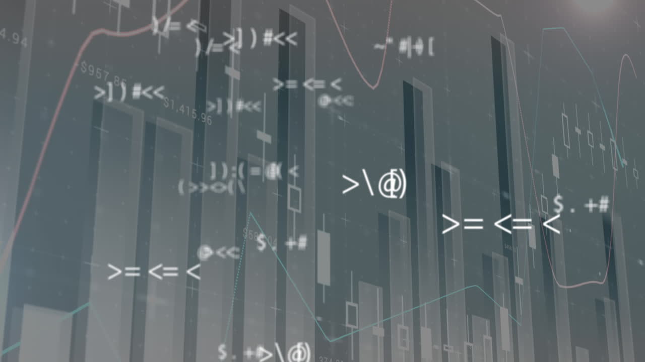 animación de la interfaz digital con cambios de símbolos, procesamiento de datos financieros y estadísticas