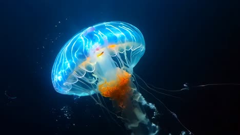 a jellyfish floating in the dark water with its tentacles spread out