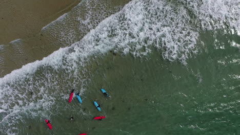 Vertical-aerial:-Surfers-learn-on-small-waves,-red-and-blue-surfboards