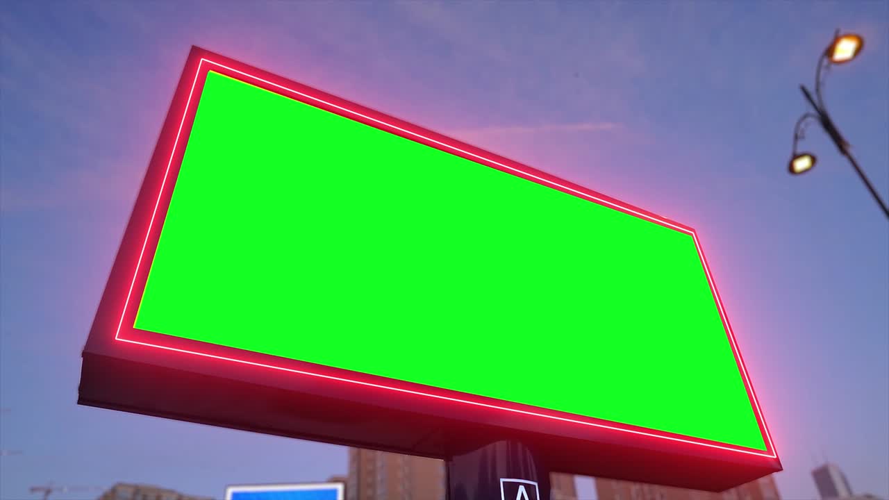 cartel de pantalla verde en la vida urbana, la ciudad. panel de publicidad en blanco, banner para el marketing. clave de croma signo vacío.