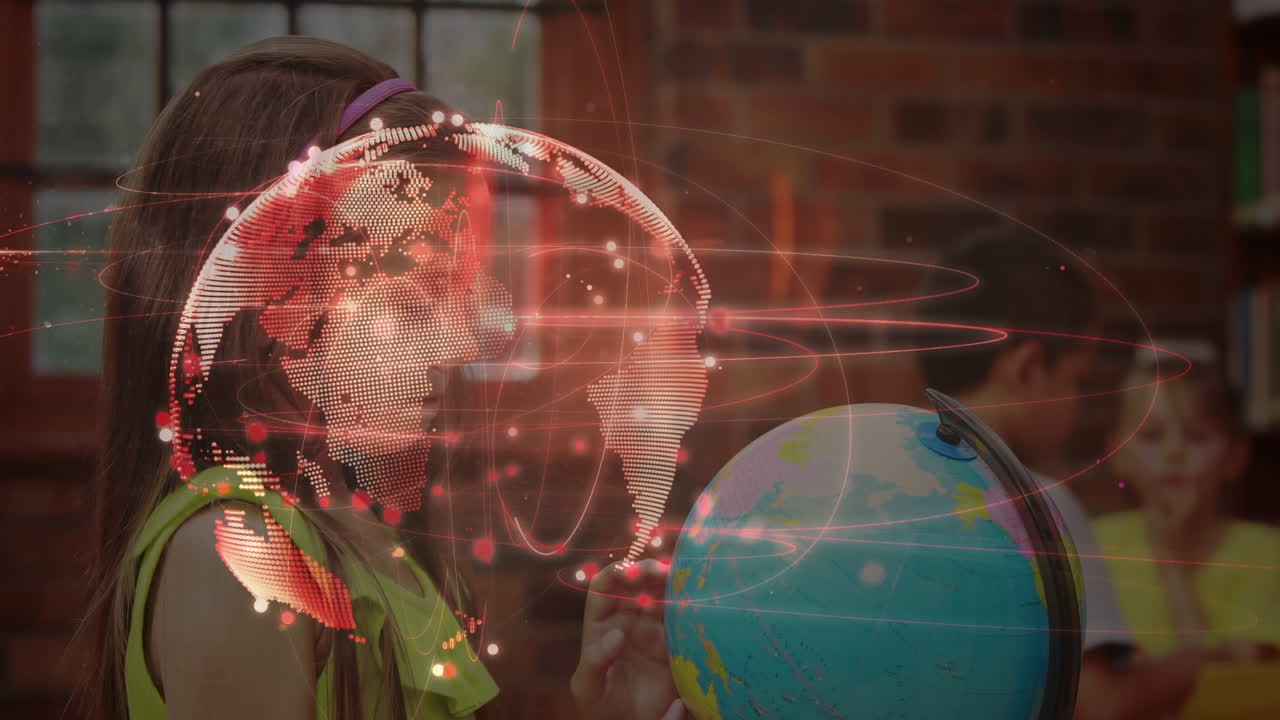 animación del globo digital sobre una colegiala caucásica que lee el globo