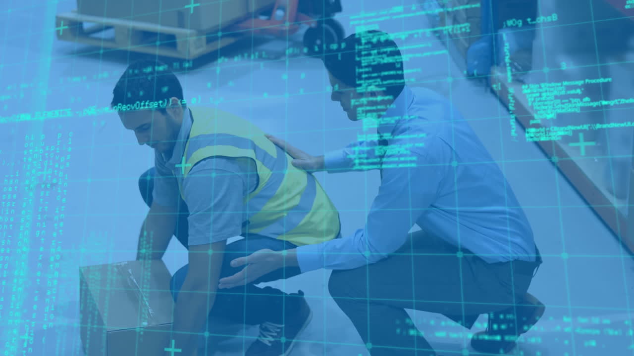 창고에서 상자를 논의하고 운반하는 남성들에 대한 데이터 처리 애니메이션