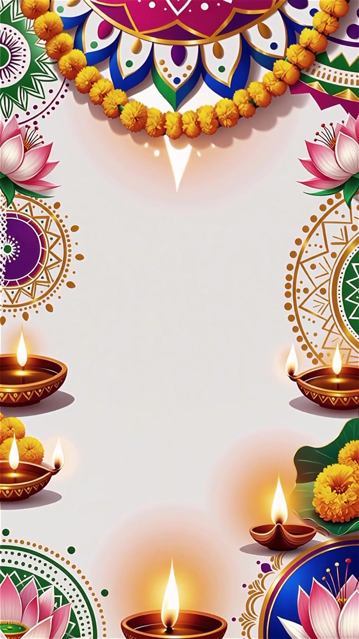 Sfondo Diwali con Diyas luminosi, Rangoli e fiori di loto