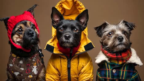 three dogs wearing winter coats