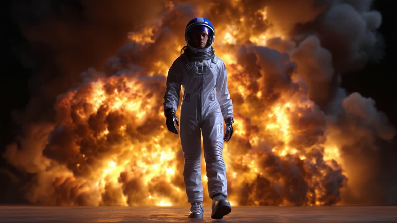 Un astronauta emerge con sicurezza da una massiccia esplosione, mostrando coraggio e determinazione in un'affascinante dimostrazione di resilienza tra caos e distruzione.