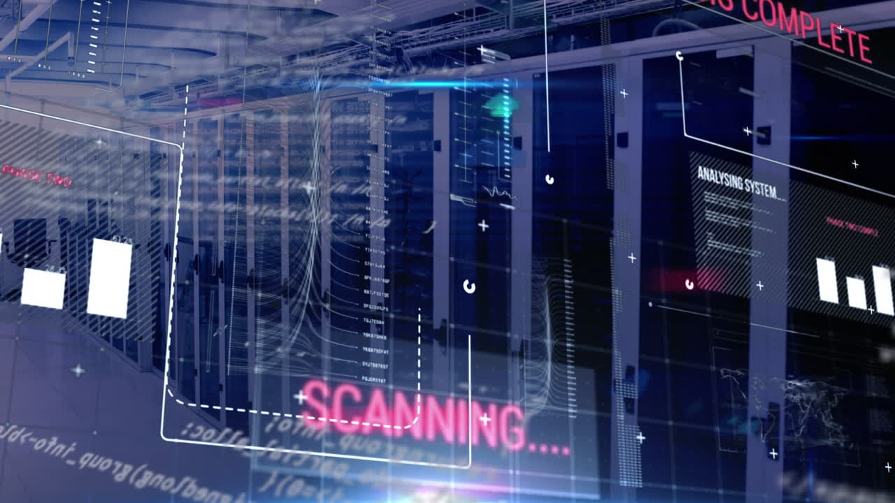 Animation of data processing and diagram over server room