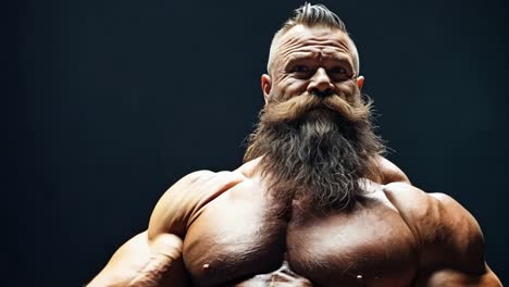 a man with a long beard flexing his biceps