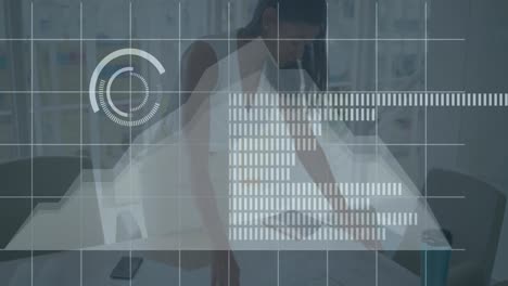 Animation of statistics and data processing over biracial businesswoman using tablet
