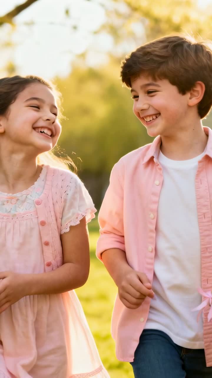 Una bambina e un bambino si guardano negli occhi, camminano ridendo sull'erba mentre uova animate si sollevano dai cesti per la famiglia.