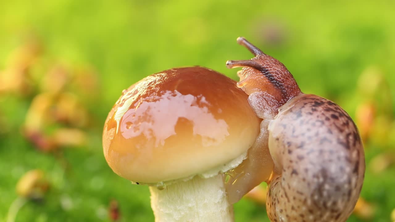Close-up of a snail slowly creeping in the sunset sunlight.