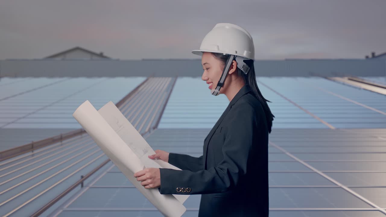 Side View of Asian Businesswoman Looking At Blueprint In Her Hands While Walking at Industrial Rooftop Solar Panels