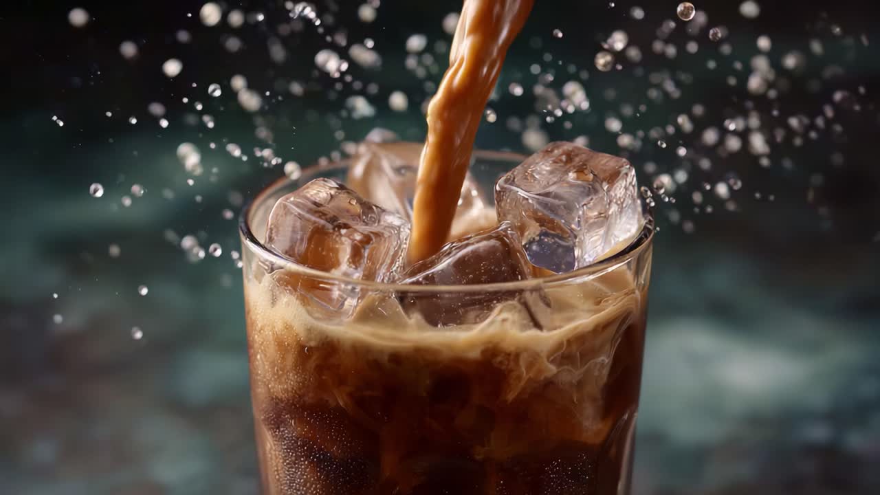 Rinfrescante bevanda color marrone intenso con cubetti di ghiaccio che creano schizzi in un bicchiere, catturando l'essenza di una piacevole esperienza di bevanda fresca