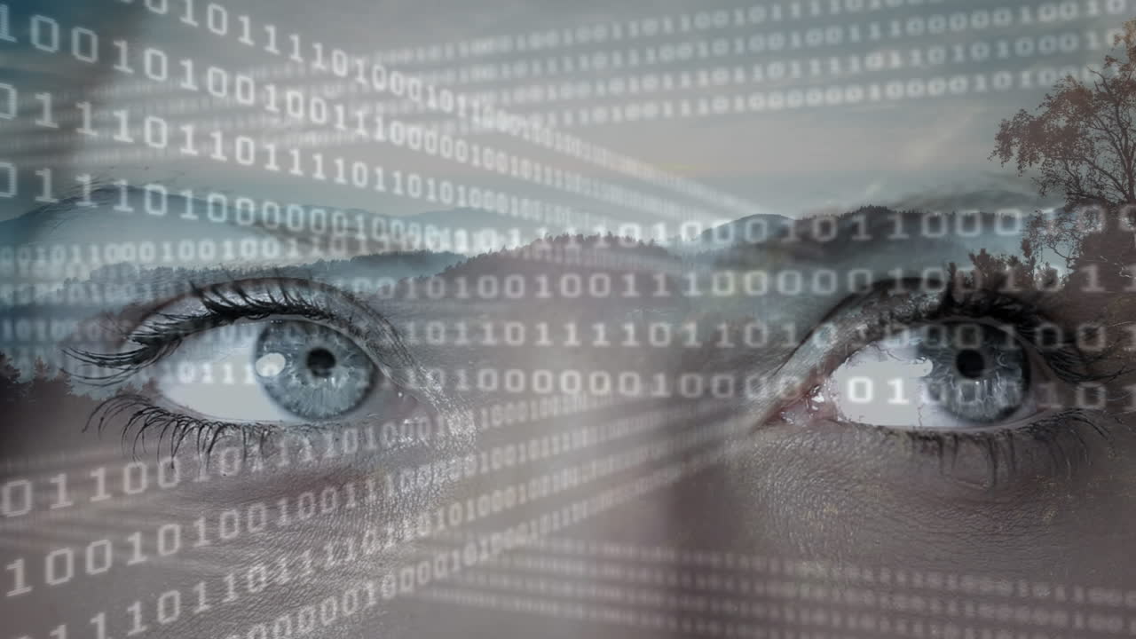 animación de codificación binaria y paisaje sobre los ojos