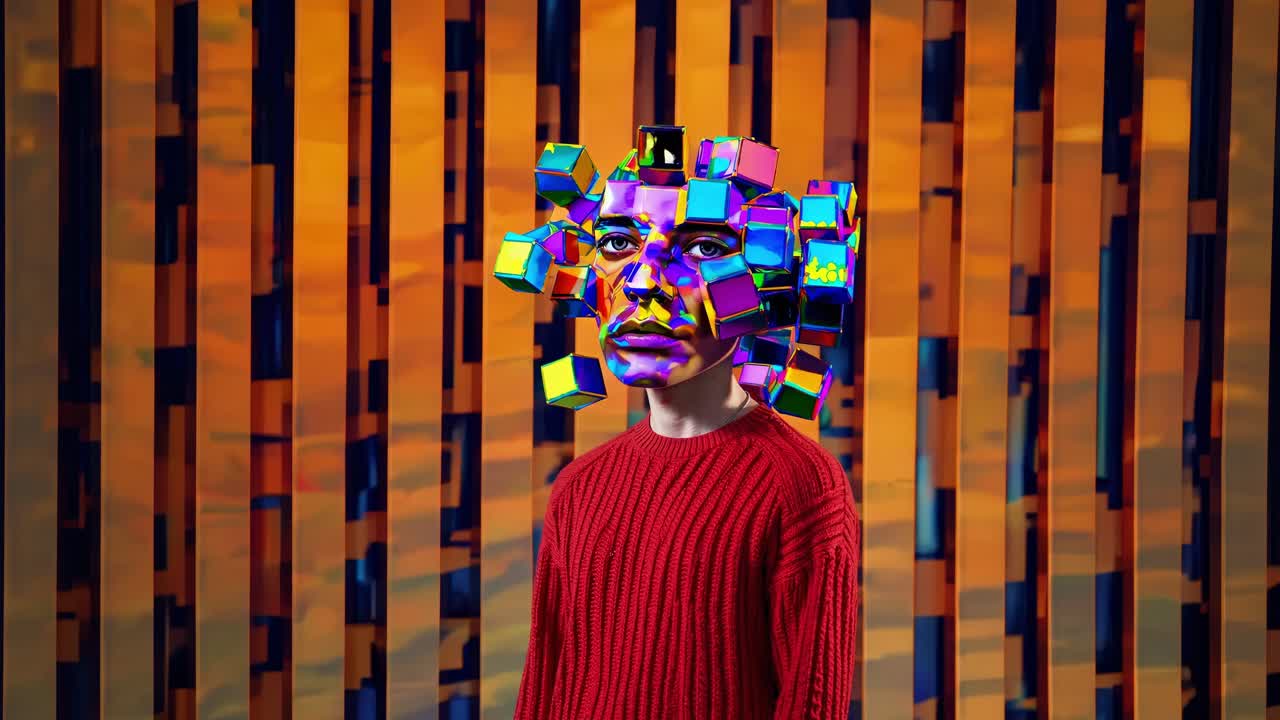 Portrait of a young man wearing a red sweater and a mask made of colorful geometric cubes, posing in front of a vibrant, colorful background with vertical bars