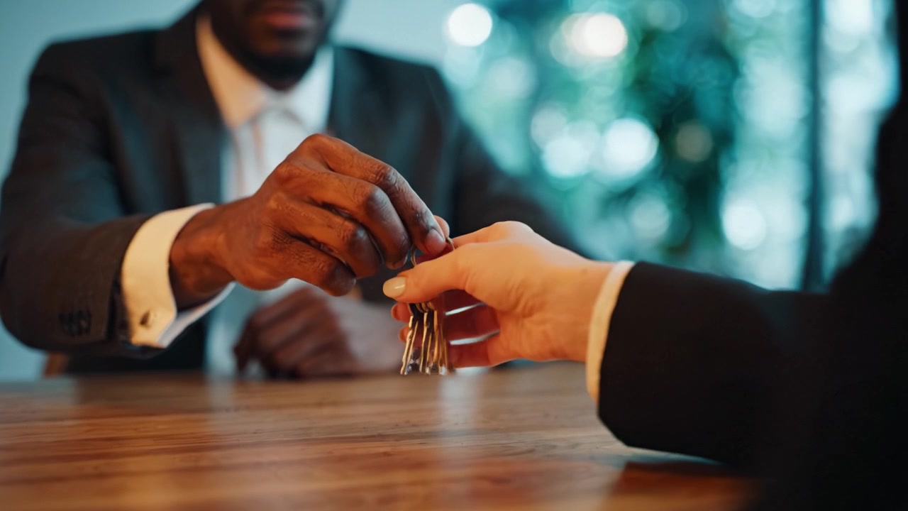 A professional exchange captured in two frames showcasing an important moment between two individuals involving keys and a significant gesture of trust and responsibility.