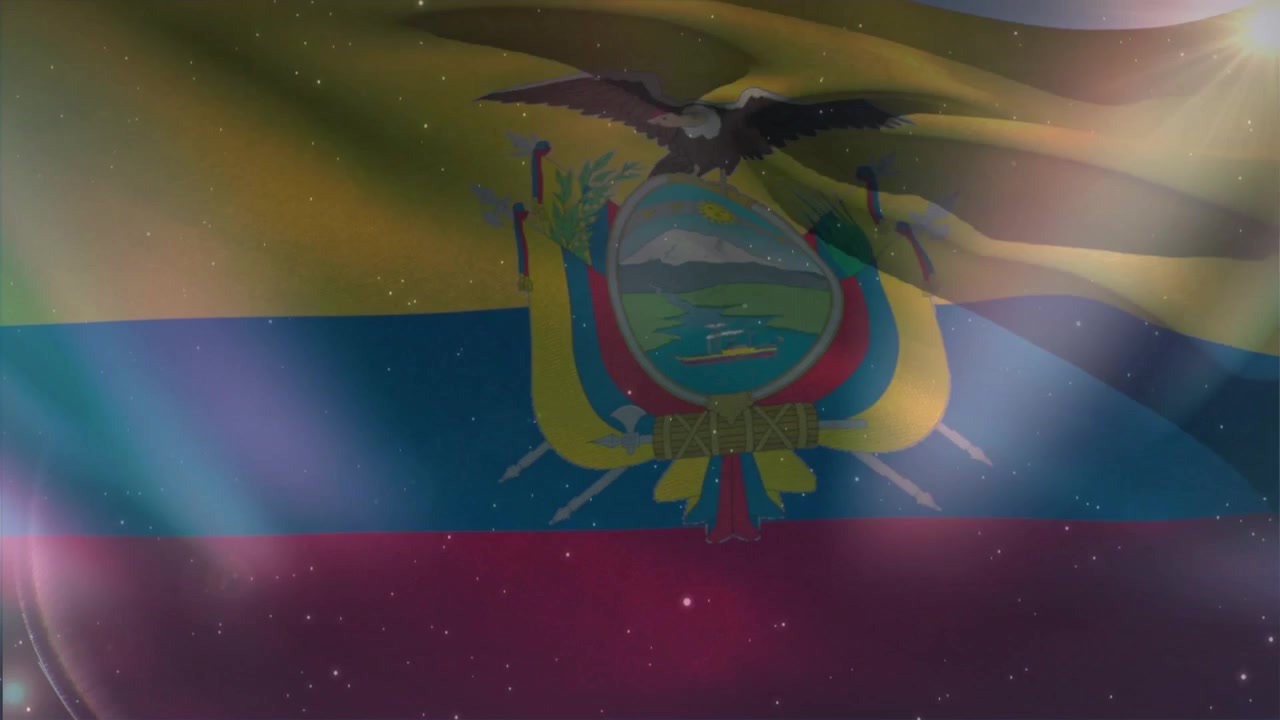 Bandiera nazionale dell'Ecuador che sventola con stemma ed effetti di luce