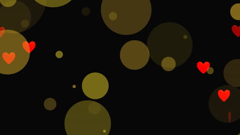 punto amarillo de luz e iconos de corazón rojo flotando contra el espacio de copia en fondo negro