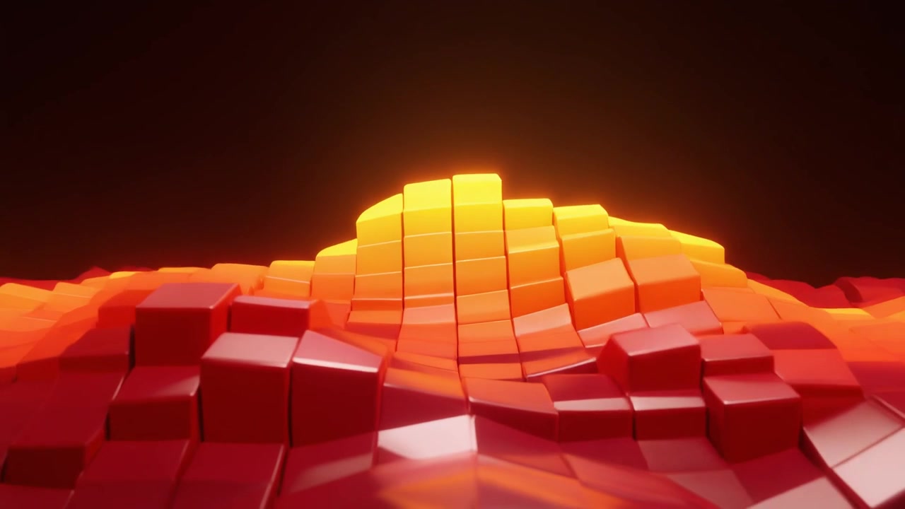 Abstraktní 3D vlna zářících červených a oranžových kostek