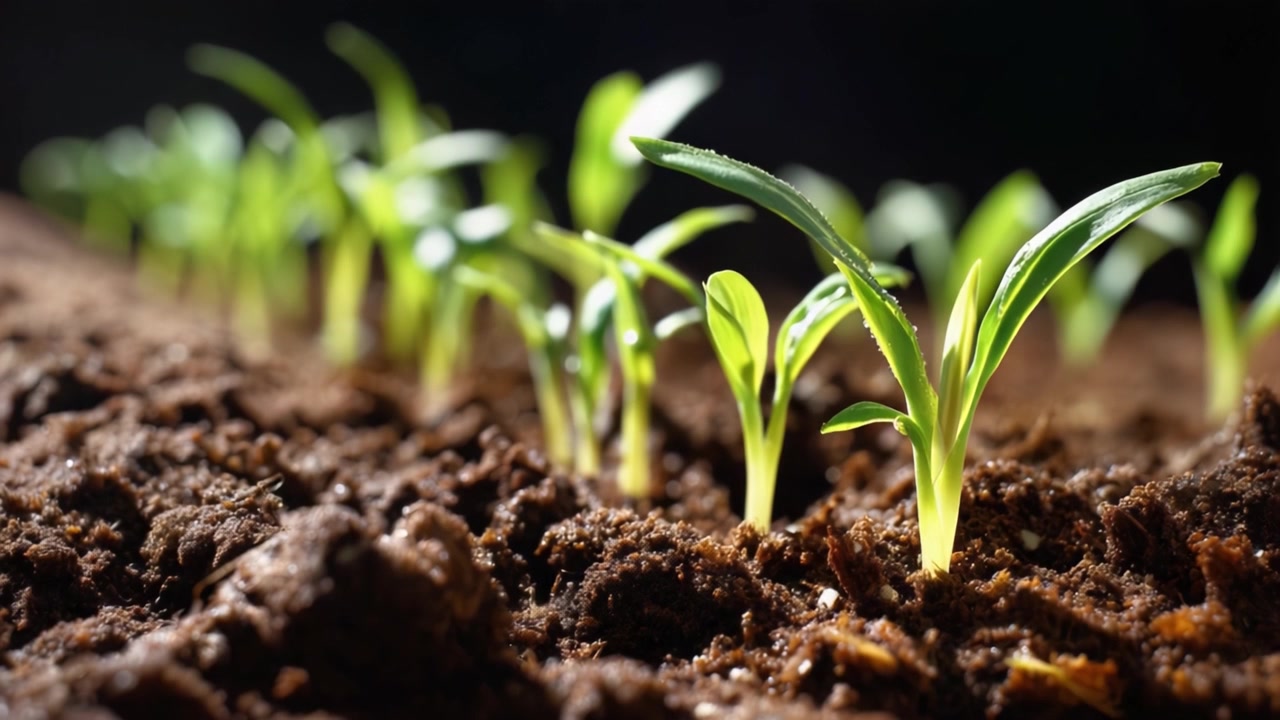 Vibrant Growth: Sprouting Plant Life Emerging from Rich Soil Under Warm Light, Symbolizing Renewal and Hope in Nature's Cycle of Life and Agriculture.