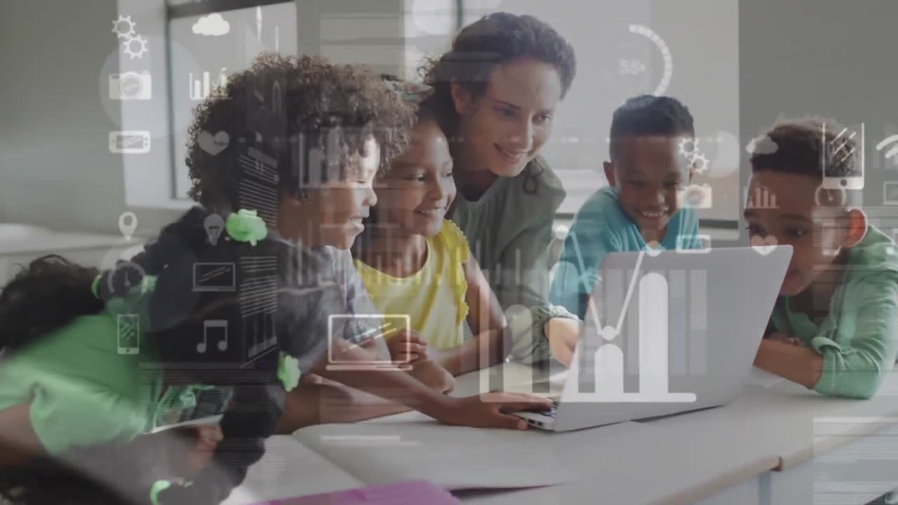 Animation of data and media icons over happy diverse female teacher and pupils using laptop
