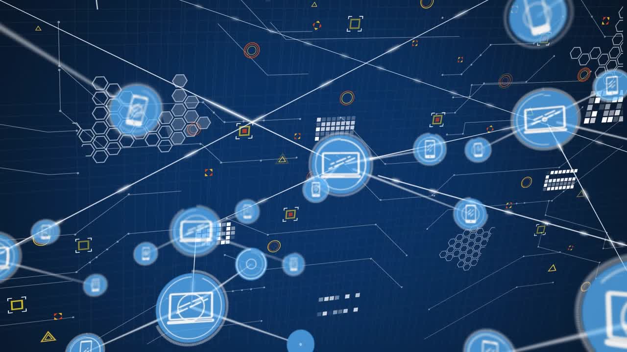 Animation af netværk af digitale ikoner og mikroprocessorforbindelser mod blå baggrund