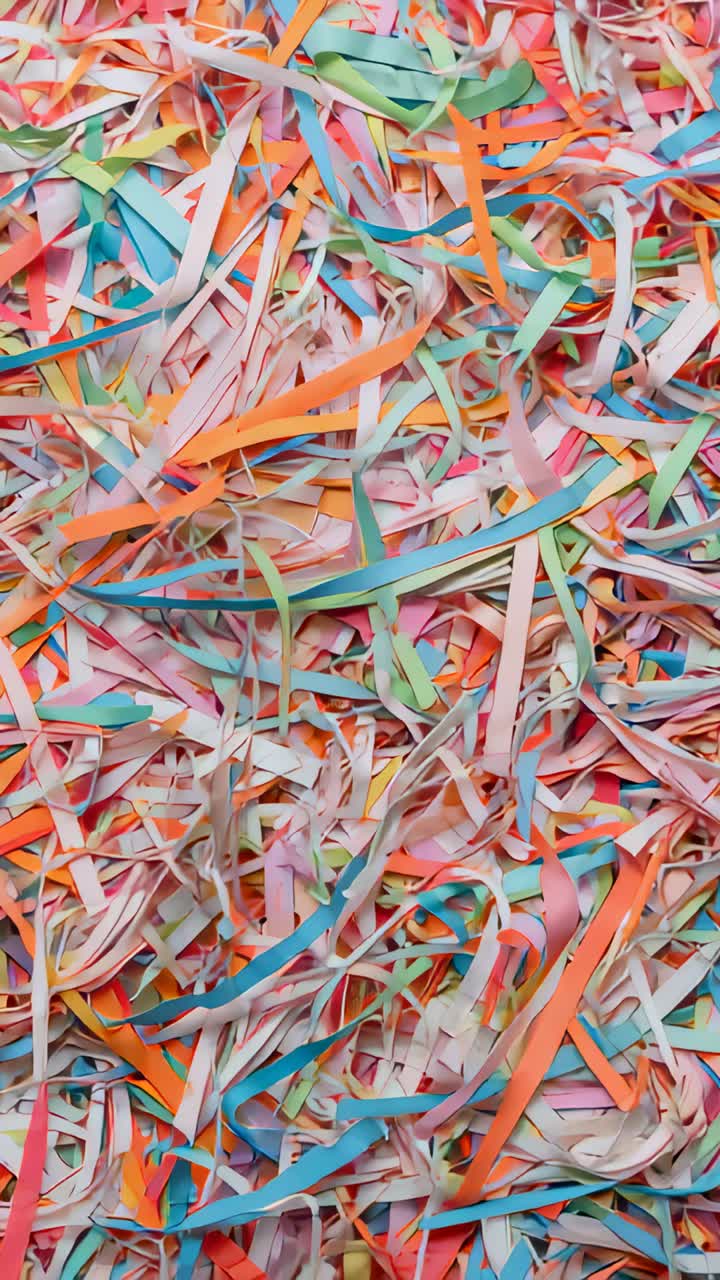 Vertical video: Performing slow pan camera moving over paper strips on table, showing pastel colors