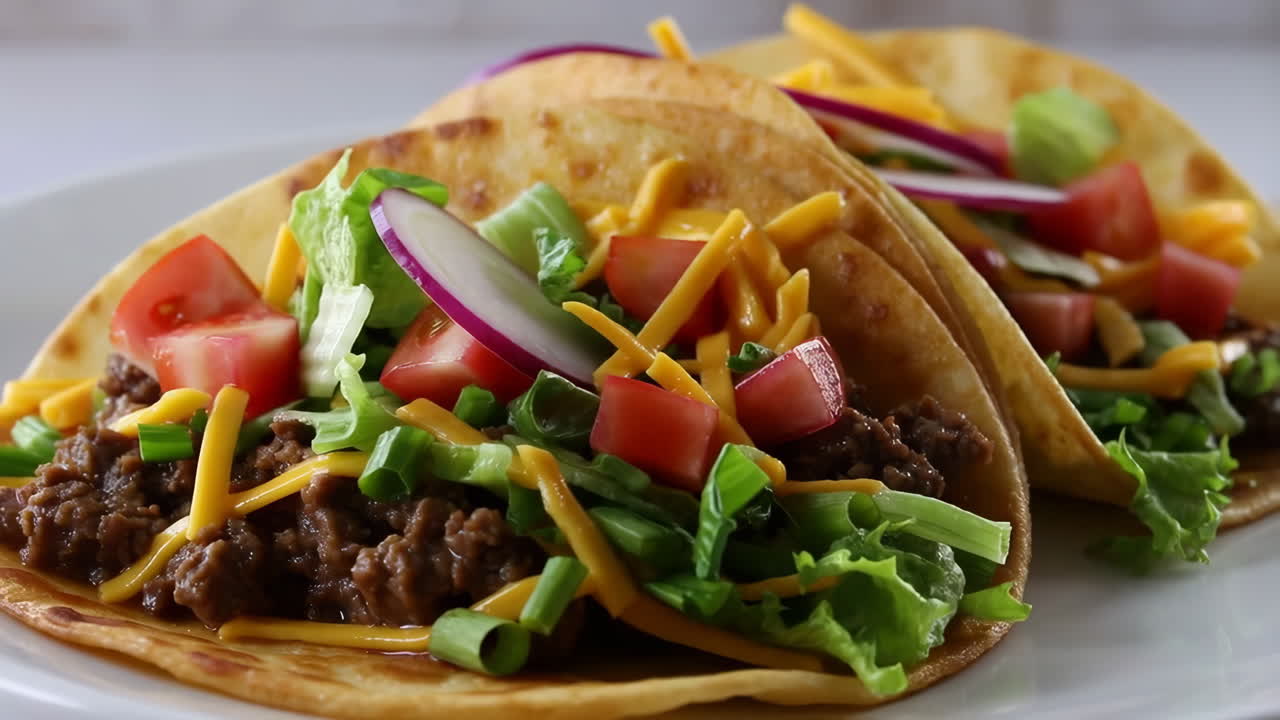 Tacos with beef, cheese, lettuce, tomato and onion