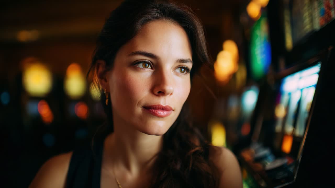 Una donna guarda pensierosa mentre si trova accanto a vivaci slot machine in un casinò illuminato al neon, riflettendo curiosità e aspettativa in quel momento