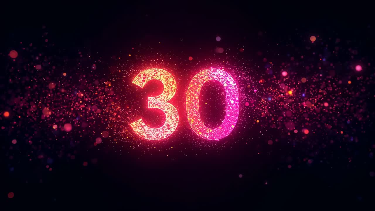 Shining digit 30 scaling up on dark gradient backdrop, glitter forming, dust drifting, halo glowing