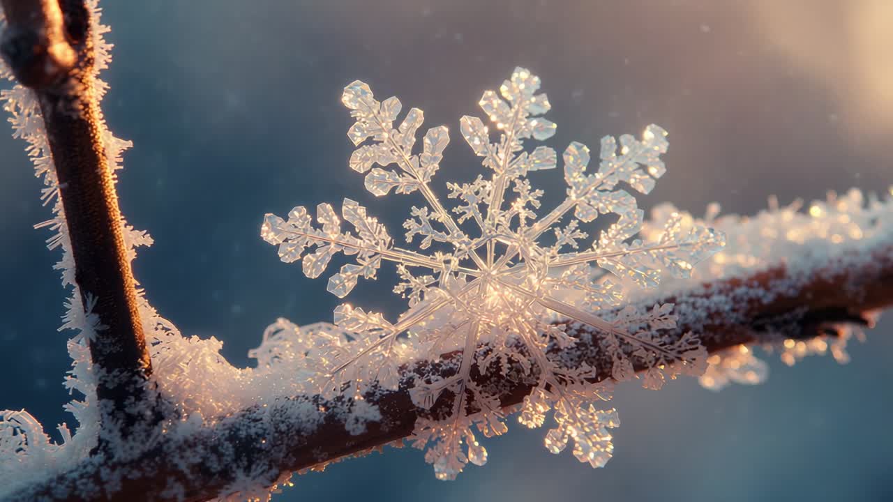 Shifting sun causing six-armed snowflake sparkling on twig with frost crystals, revealing symmetry