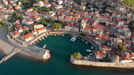 Aerial-point-of-interest-shot-of-Nafpaktos-port-Greece-in-the-morning