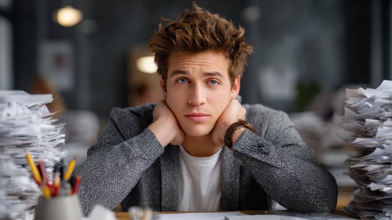 A Young Man in a Modern Office Setting Shows Frustration and Fatigue Amidst a Mountain of Paperwork, Capturing the Essence of Stress and Overwork in the Workplace