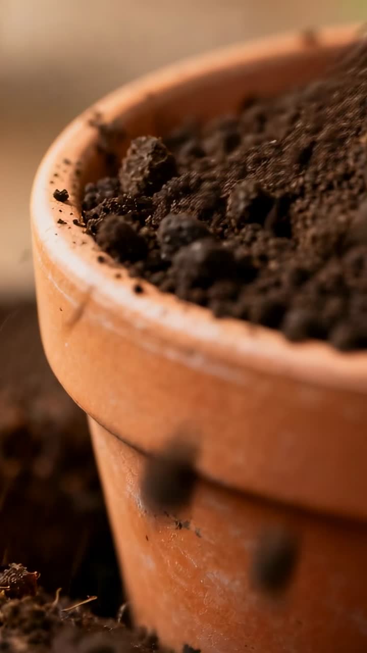Telecamera che si inclina, vaso di terracotta che rivela zolle di terra mentre insetti strisciano, guidando la preparazione del giardinaggio.